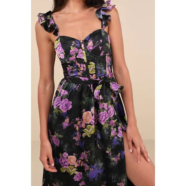 Lulus Sweet Like Sangria Black Floral Ruffled Bustier Dress Size Small Formal - Image 8