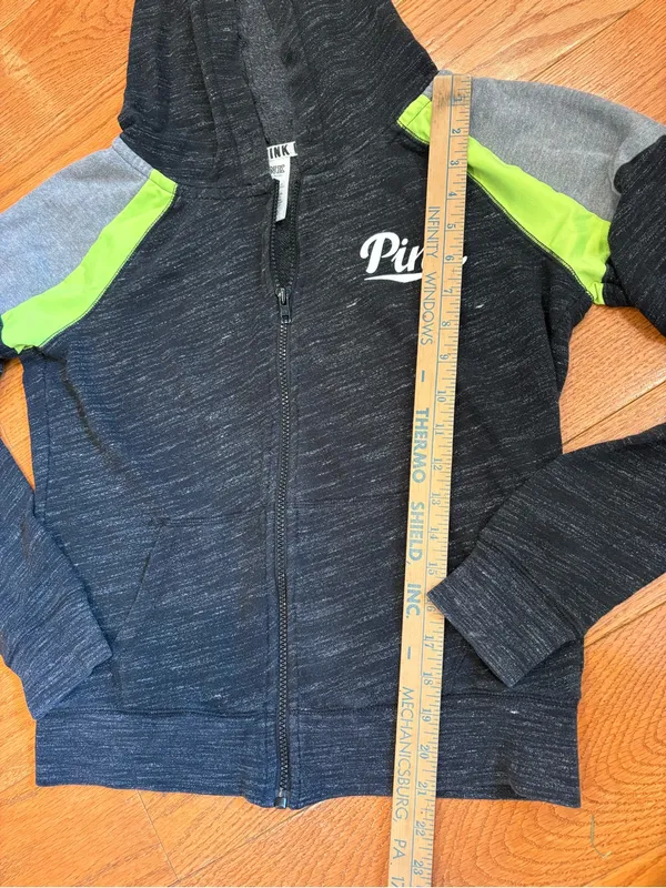 Victoria’s Secret PINK Zip Up Hoodie Small Black Neon Green Athletic Lounge Y2K - Image 5