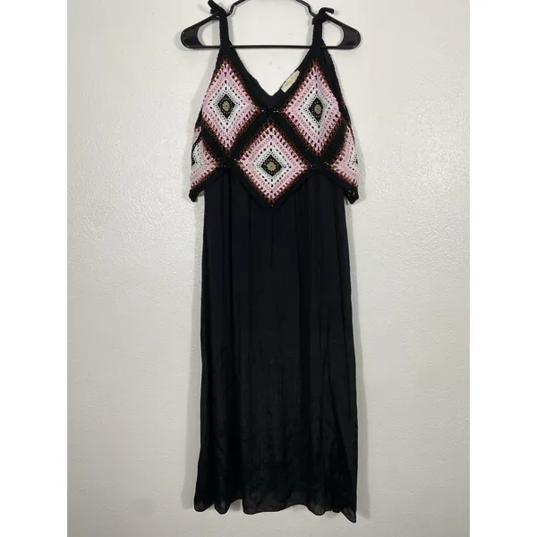 REBELLION Crochet Geometric Maxi Dress Sleeveless Black Pink Size M - Image 4