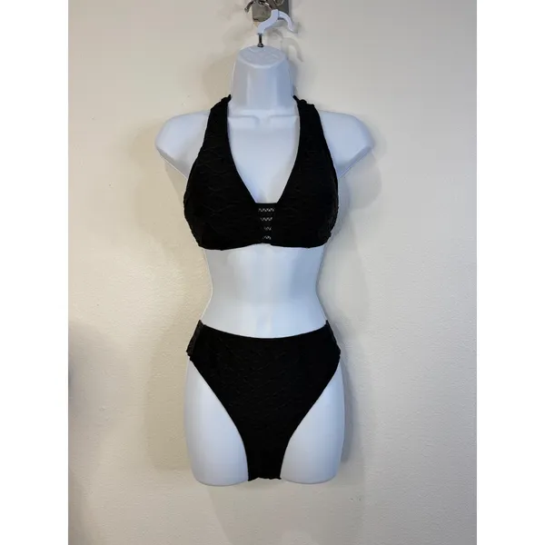 Cupshe Black Textured Diamond Racerback Bikini Set Womens L - Image 4