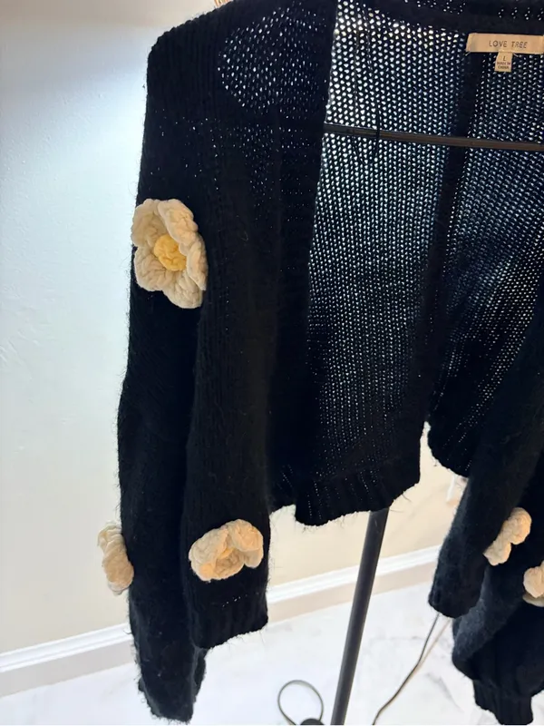 Love Tree Black Cropped Cardigan with Cream Floral Appliqués - Image 2