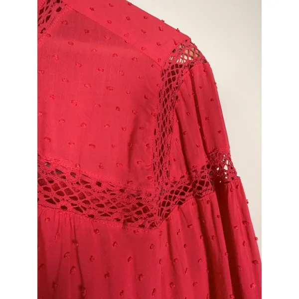 Free People Abigail Victorian Lace Yoke Pink Red Button Up Top Womens‎ Large - Image 4