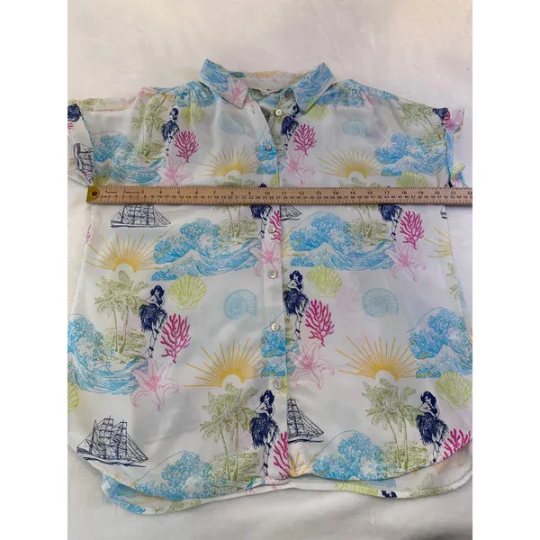 Jane and Delancey Womens Tropical Hula Island Print Rayon Button Down Shirt M - Image 3