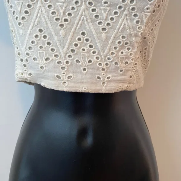 Free People Cotton Boho Coastal Eyelet Smocked Tie Back Crop Top XS Ivory - Image 3