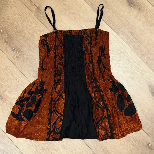 Peaceful People Boho Smocked Tank Top Brown Black Tribal Print Size L - Image 3