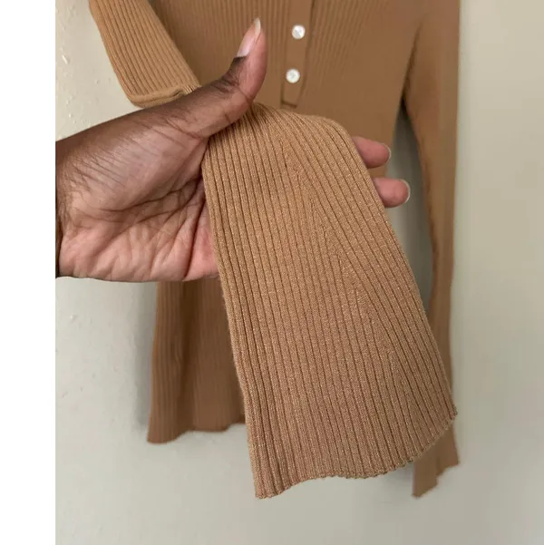 LOFT Tan Collared Ribbed Long Sleeve Top Size XS - Image 4