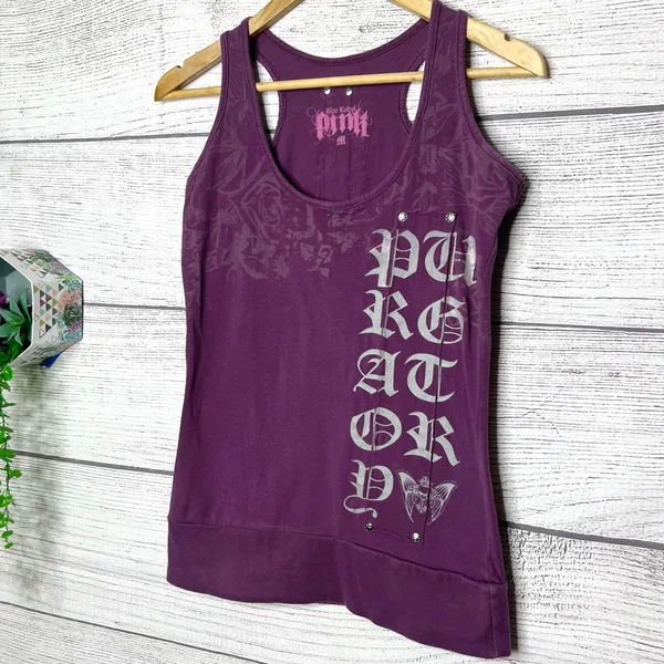 Vintage Y2K Black Label Pink Purple Graphic Racerback Tank Top Size Medium Moto - Image 3