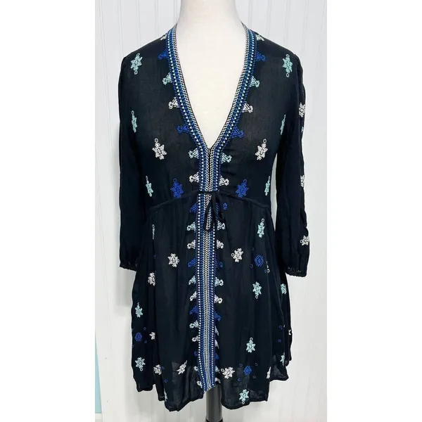 Free People Stargazer Mini Dress Embroidered V-Neck Tie Waist Black Blue Small - Image 2