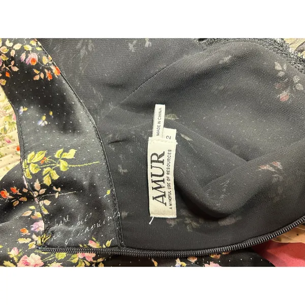 AMUR Devin Silk Ruffle‎ Mini Dress Floral High Neck Size 2 Black Prairie Cottage - Image 4