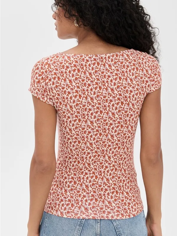 NWT Reformation Bardot Knit Top Short Sleeve Mulberry Red Cream Floral Medium - Image 3