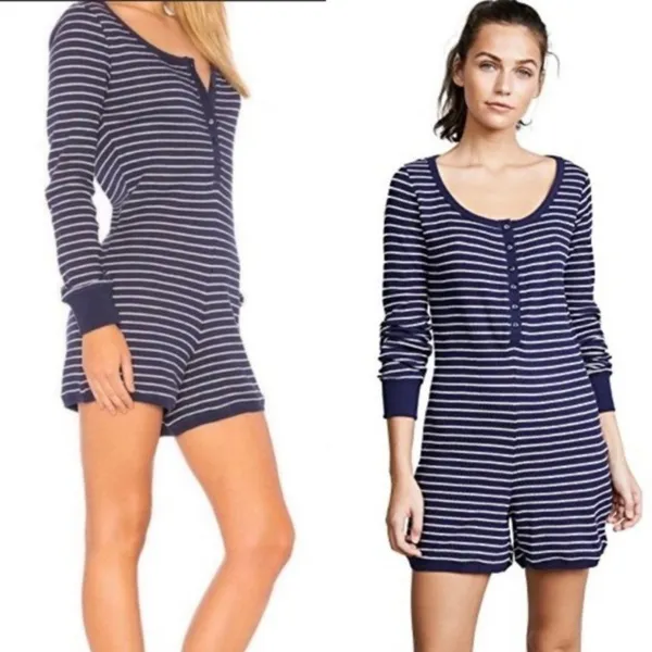 NWT PLUSH Thermal Pj Romper In Navy/cream‎ Small - Image 3
