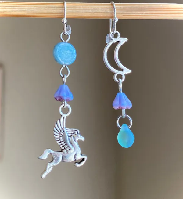 Handmade Czech glass beads whimsical fairy Pegasus & moon dangle earrings 🌙🦄 - Image 4