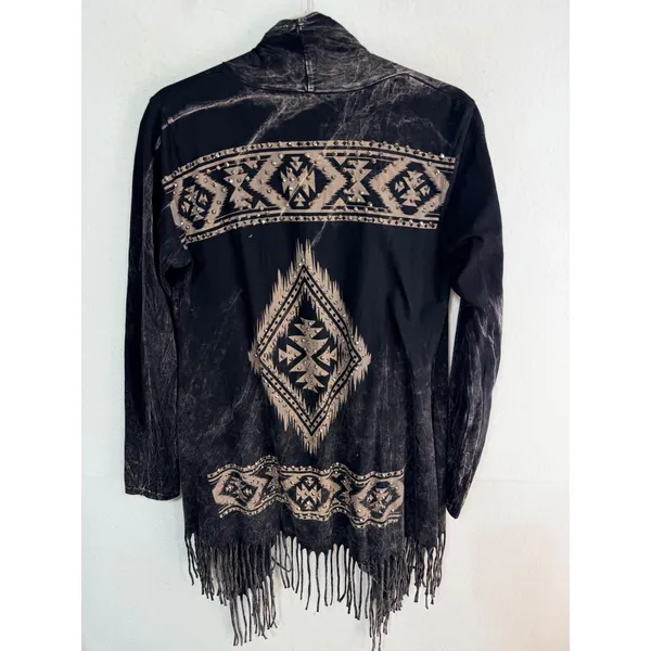 Vocal Cardigan Western Aztec Studded Fringe Women's Small Black Boho Biker USA - Image 2