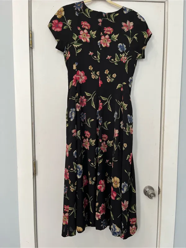 Vintage Rena Rowan Black Floral Midi Dress Pink, Blue Yellow size 6 short sleeve - Image 6