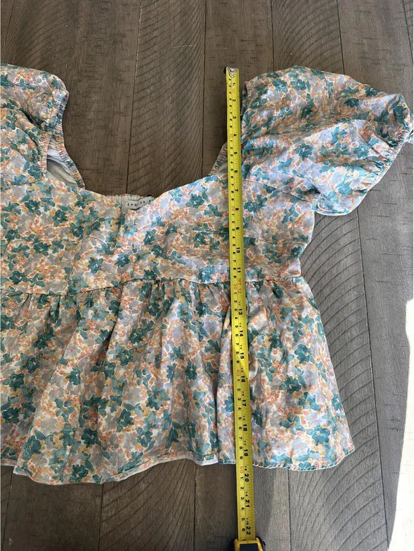 English Factory Women's Floral Puff Sleeve Top Teal, Orange & Cream size Large - Image 10