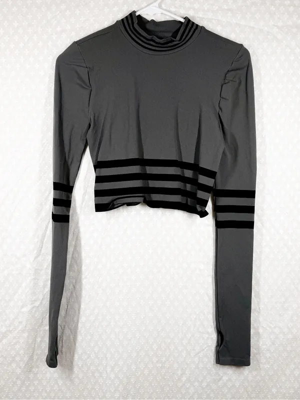 Free People Movement Grey Black Striped Crop Triumph‎ Mock Neck Top - Image 2