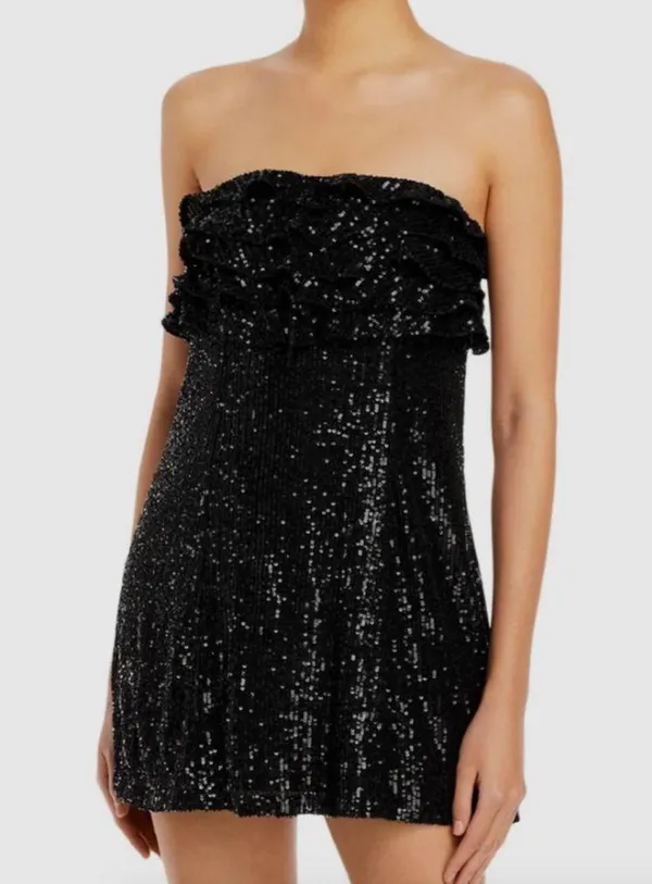 Free People Women's Black Frida Sequin Ruffle Strapless Mini Dress - Image 8