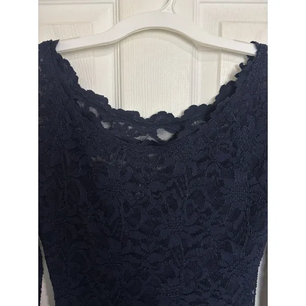 Navy Blue Floral Lace Body Con Long Sleeve Dress Y2K Club M Off Shoulder USA - Image 6