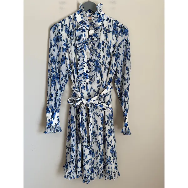 Tory Burch Shirt Dress Belted Sz 0 Blue White Floral Pleated Ruffle High Neck - Image 2