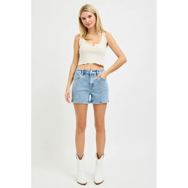 RISEN High Rise Denim Shorts‎ with Embroidered Detail - Medium - Image 8