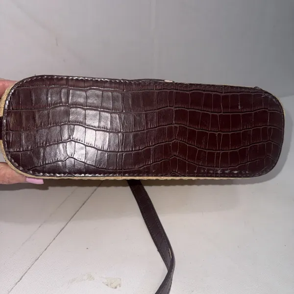 Vintage Brighton Style Y2K Handbag Brown‎ Leather Hearts Trim Plaid Straw Purse - Image 13