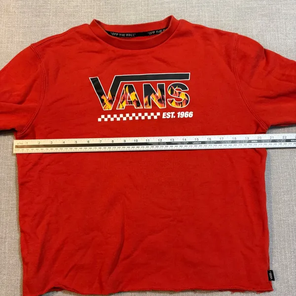 Vans Off The Wall Red Flame Logo Sweatshirt XL‎ Pullover Graphic Cropped Raw Hem - Image 5