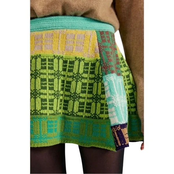 NWT Free People After School Thick Knit Patchwork Mini Skirt Green Combo Small‎ - Image 4