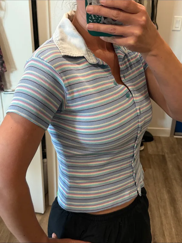 Vintage Y2K striped button front collared shirt sleeve top blue pink small - Image 3