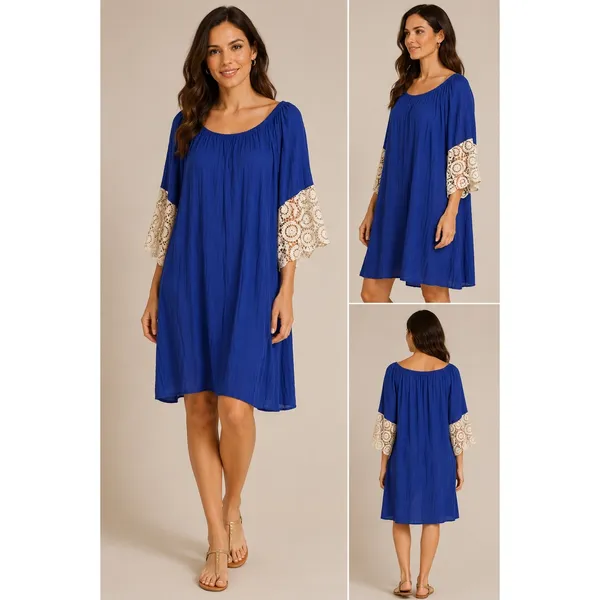 Umgee‎ Navy Shift Dress Womens XL Blue Ivory Boho Crochet Lace Sleeves - Image 2