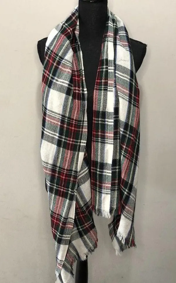 Long Scarf w/ Frayed Ends Plaid Pattern Multicolor One - Image 2