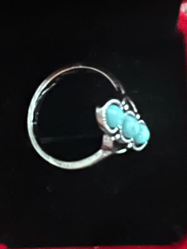Women’s Stainless Steel Silver Aztec Faux Turquoise Embellished Ring Size 7 - Image 2
