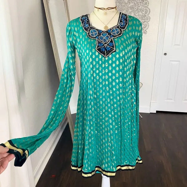 Source Unknown Turquoise and Gold Embroidered Blue Beaded Indian Silk Kameez Dress XS / 34 - Image 5