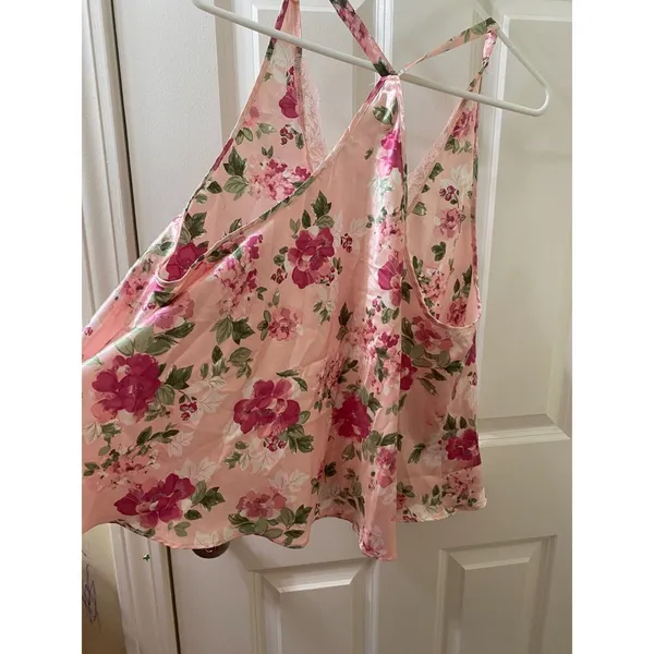 Flora Nikrooz Pink Floral CHEMISE CAMI Lace Accent Sleepwear TOP LARGE - Image 7