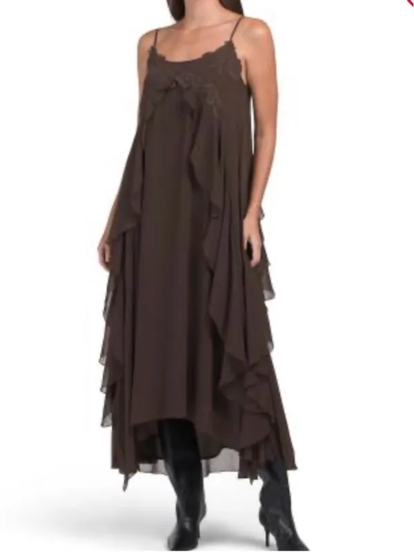 House of Harlow 1960 Chiffon Maxi Cocktail Dress Ruffles Brown Flowy Fairy Sz S - Image 2