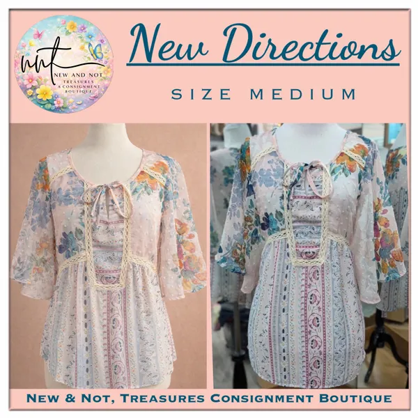 New Direction Boho Floral Sheer Blouse Medium Swiss Dot Lace Peasant Top - Image 2