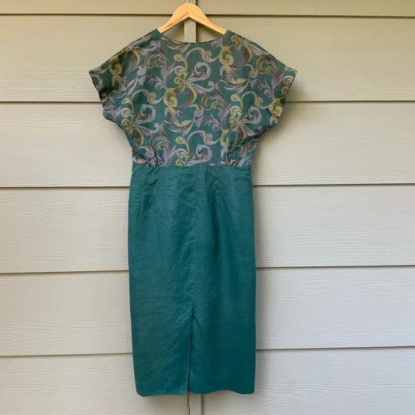 Vintage 80s Dress Linen Dress Green Pencil Skirt Floral‎ Short Sleeves Button-Up - Image 8