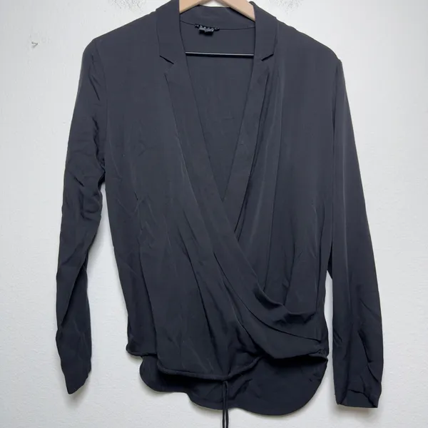 Theory Women 100% SILK Ilori Blouse Small Black Crepe de Chine Wrap Top Classic - Image 2