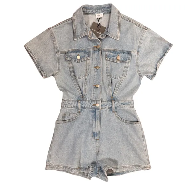 Le‎ Lis Collection Womens Light Wash Denim Utility Romper Short Sleeve Small NEW - Image 3