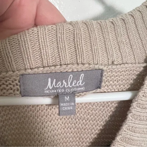 Marled Reunited Women's Sz Medium Lace Up V-Neck Sweater Beige Black Wide Sleeve - Image 10