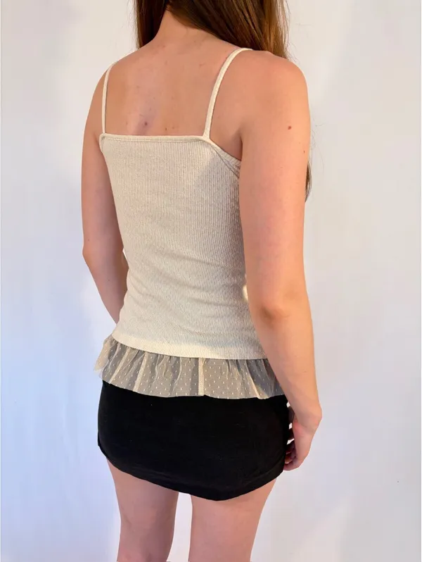 Cream White Dainty Floral Embroidered Tulle Cami Vintage Top - Image 3