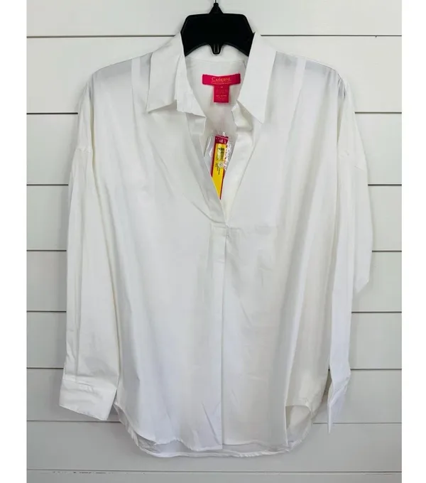 CATHERINE MALANDRINO Womens Size L Classic White Collared V Neck Long Sleeve Top - Image 2