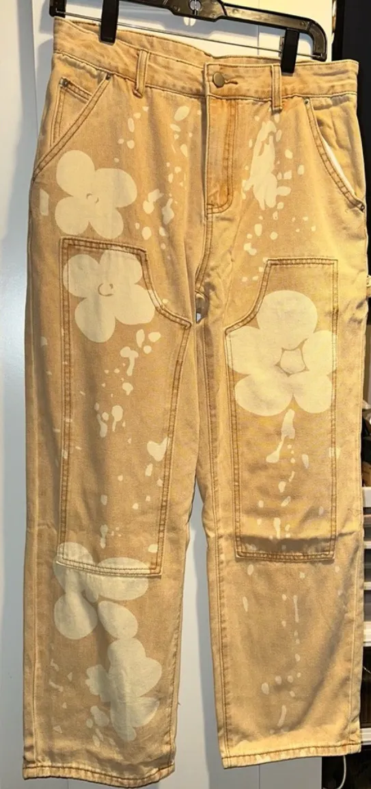 New Boutique Western Boho Button Fly Floral Jeans In Tan Combo Material: Cotton Size: 28 approx 15 inch flat and 28 inch Inseam - Image 5