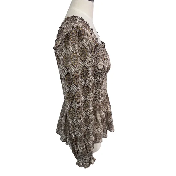 In Loom Blouse Women Small Brown Smocked‎ Square Neck Peplum Paisley - Image 7