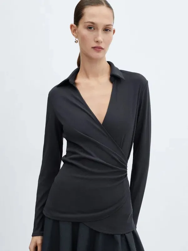 Mango Belinda Wrap Top Blouse V Neck Collared Charcoal Gray Ribbed NWT - Image 2
