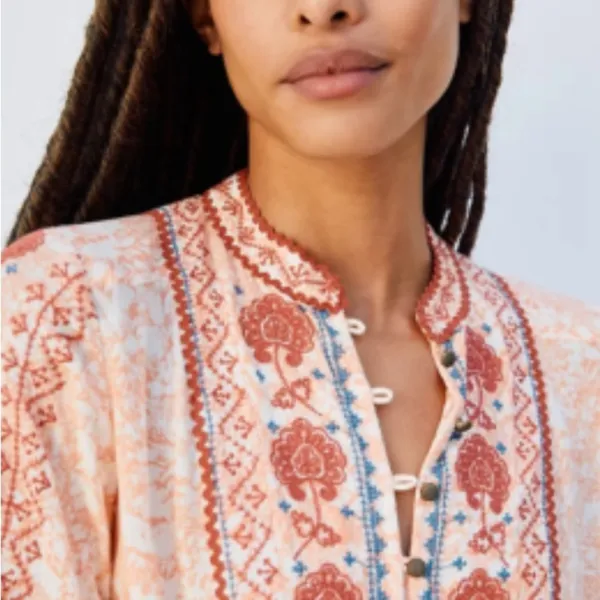 Anthropologie Claudia Embroidered Babydoll Tunic spring Boho Western peach - Image 3