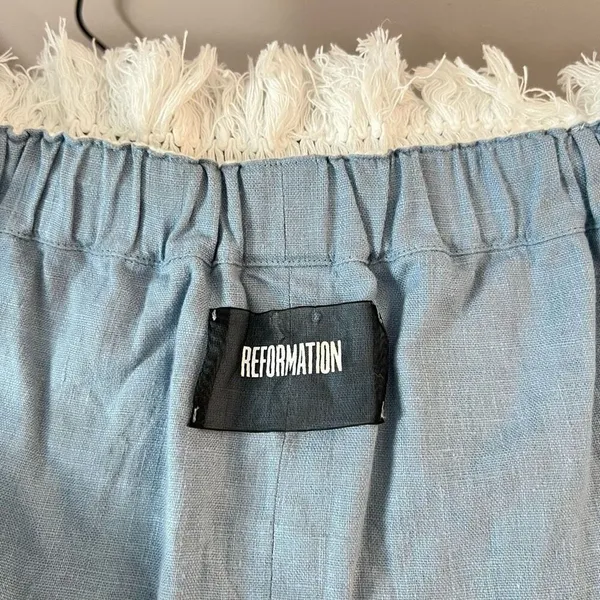 Reformation button down mini denim dress with white fringed off the shoulder nec - Image 8