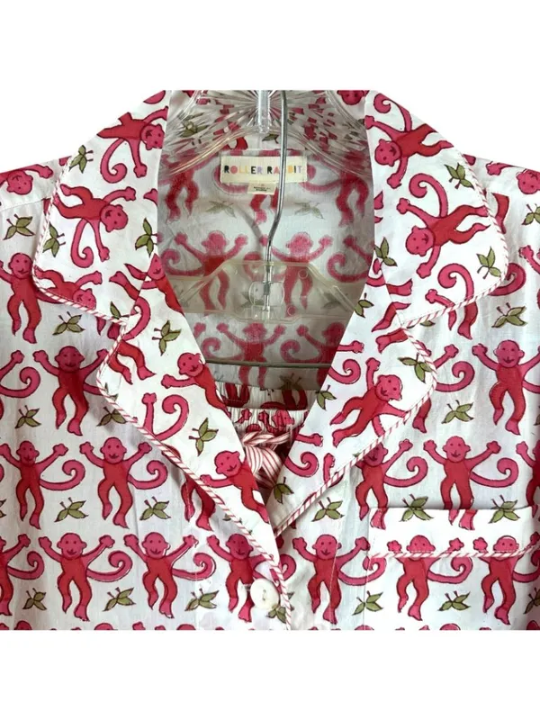 Roller Rabbit Pink Monkey Print Cotton Pajama Set Size S Button Front - Image 3