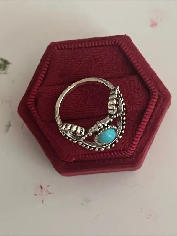 Stainless Steel Silver Bohemian Design Faux Turquoise Statement Ring Size 7 - Image 2