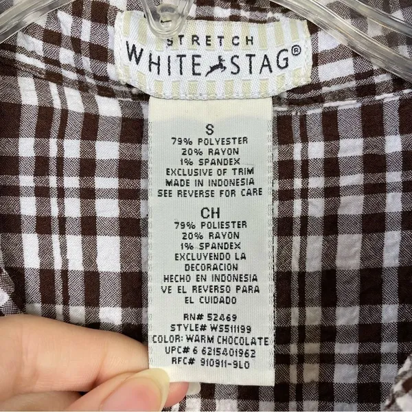 White Stag Brown & White Plaid Collared Sleeveless Button Up Shirt - Image 6