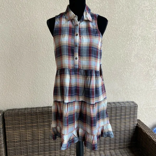 As U Wish Womens Dress Size Large Sleeveless Plaid Brown Shirt Tiered NEW‎ - Image 3